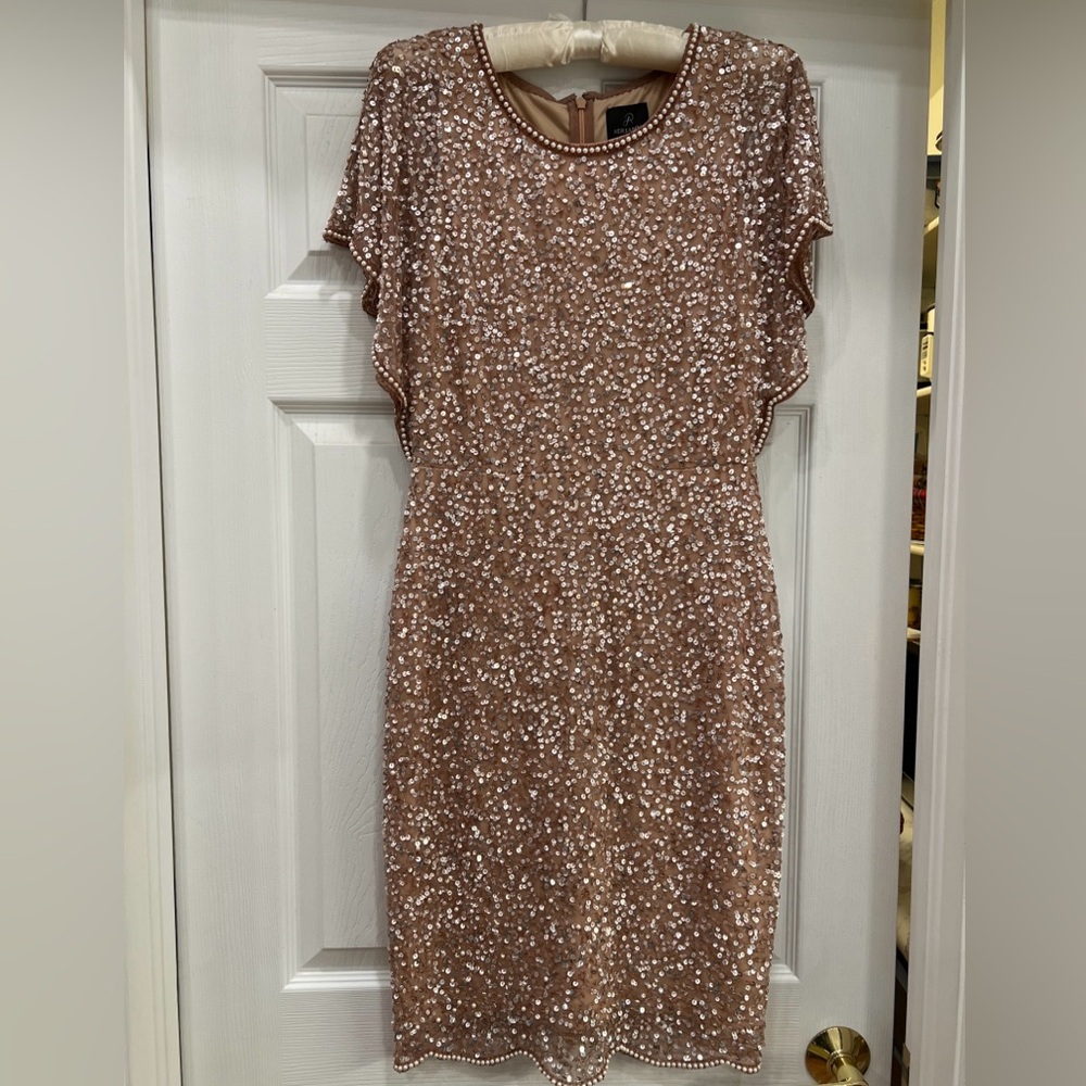 Adrianna Papell Midi Dress 4 Sequin Blush Mesh Short Flutter Sleeve